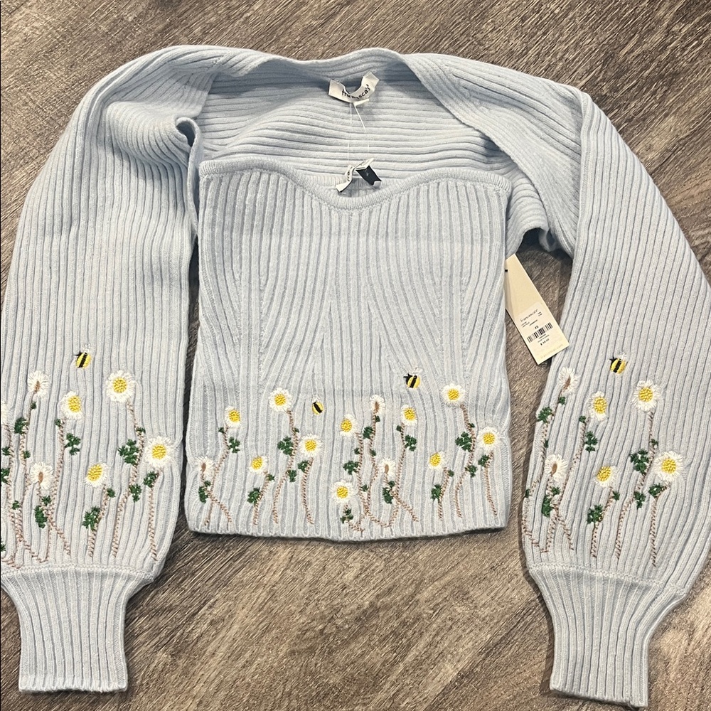 Floral Embroidered Light Blue Sweater